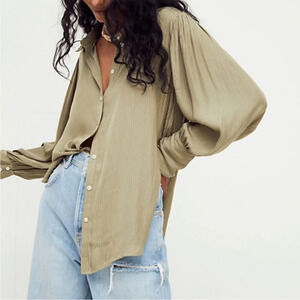 FREE PEOPLE Serena Silky Pinstripe Buttondown Blouse Shirt